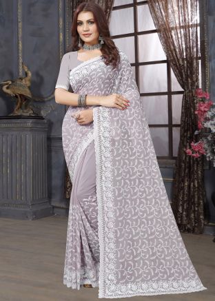 Purple Embroidered Pallu Saree In Georgette