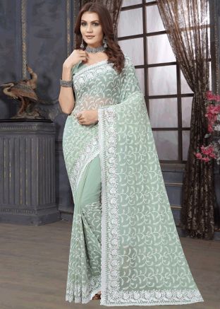 Green Embroidered Georgette Saree & Blouse