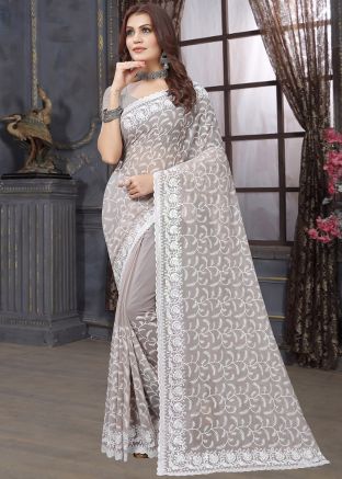 Grey Georgette Saree In Resham Embroidery