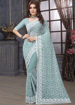 Green Embroidered Saree In Georgette