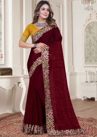 Maroon Satin Silk Saree In Stone Embellishment