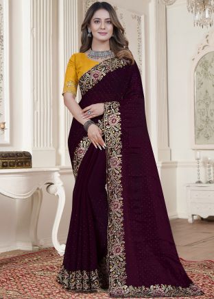 Wine Embellished Satin Silk Saree & Blouse
