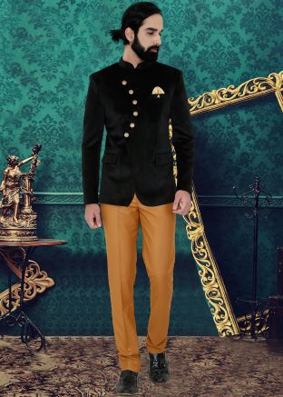 Black Readymade Velvet Bandhgala Jodhpuri Suit