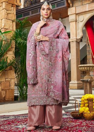 Mauve Pink Floral Print Palazzo Suit Set