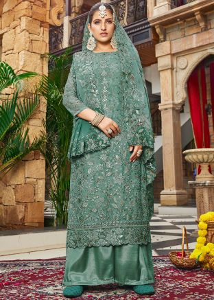 Green Floral Print Georgette Palazzo Suit Set