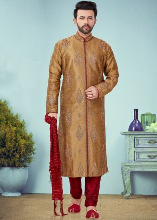 Golden Embroidered Readymade Kurta Churidar Set