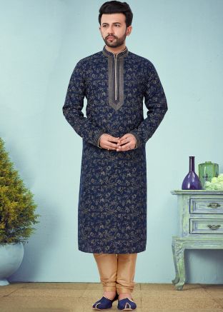 Navy Blue Printed Cotton Silk Kurta With Churidar