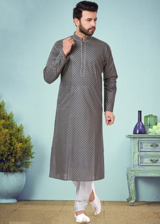 Grey Geometric Printed Readymade Kurta Churidar Set