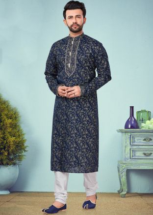 Navy Blue Floral Printed Readymade Kurta Churidar Set