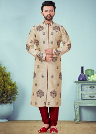 Cream Embroidered Slit Style Kurta With Churidar