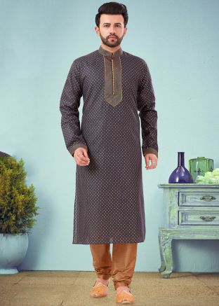 Grey Printed Cotton Silk Kurta With Churidar