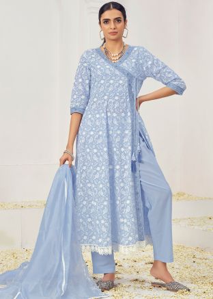 Readymade Kaftan Style Cotton Pant Suit In Sky Blue
