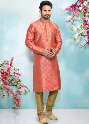 Dark Peach Readymade Kurta Churidaar Set