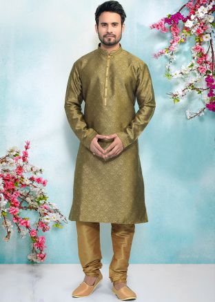 Jacquard Kurta Churidaar Set In Mehendi Green