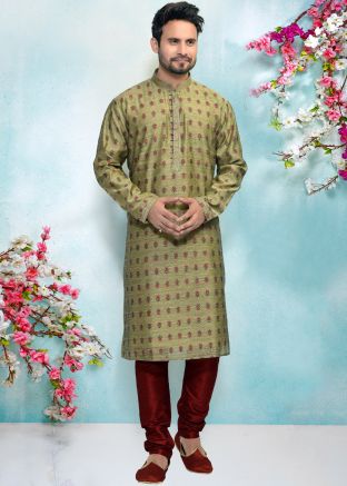 Jacquard Readymade Kurta Pajama In Green