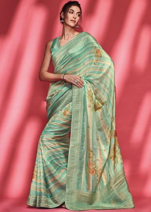 Green Floral Printed Saree In Viscose