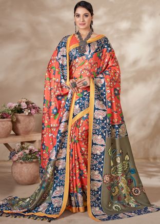 Orange Digital Floral Print Saree With Shawl