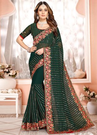 Green Embroidered Saree In Georgette