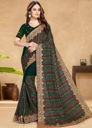 Green Embroidered Saree In Georgette
