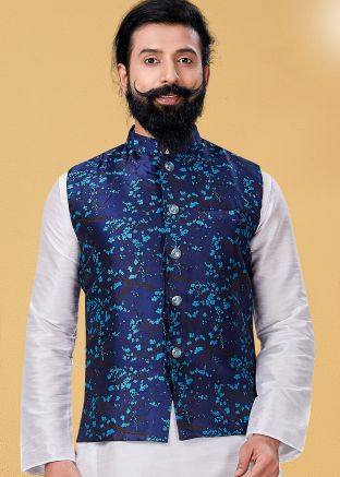 Dark Blue Readymade Nehru Jacket In Silk