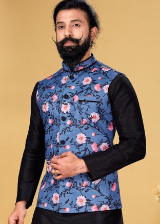 Blue Readymade Cotton Nehru Jacket