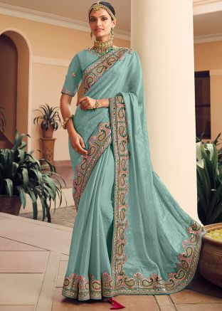 Blue Embroidered Saree In Chiffon