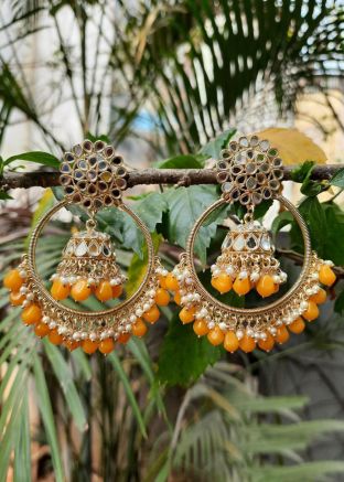 Orange Mirror Work Jhumka Earrings