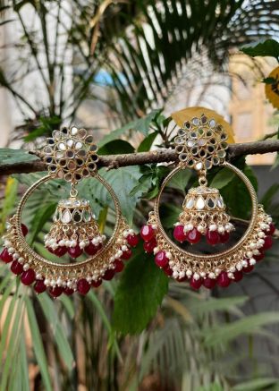 Maroon Mirror Work Jhumka Earrings