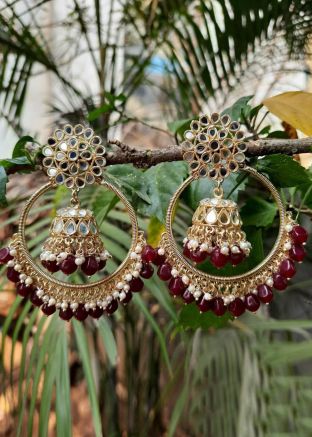 Wine Beaded Jhumka Earrings