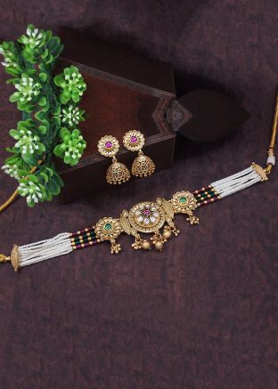 Golden Stone Studded Choker Necklace Set