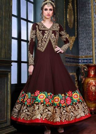 Brown Georgette Abaya Style Churidaar Kameez