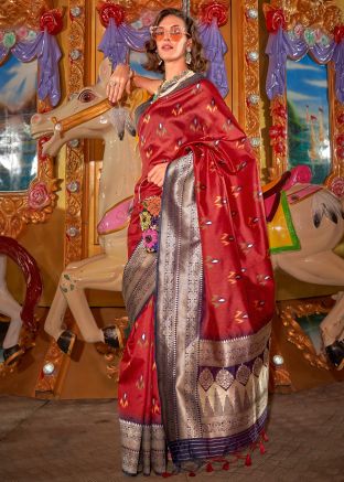Red Digital Printed Saree In Art Silk