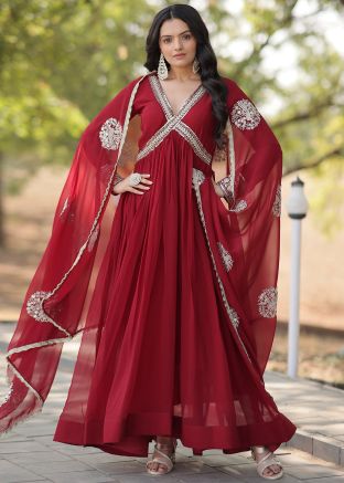 Readymade Maroon Embroidered Anarkali Suit