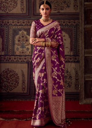 Purple Zari Woven Saree In Art Silk