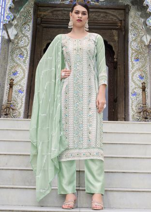 Pastel Green Readymade Georgette Embroidered Pant Suit