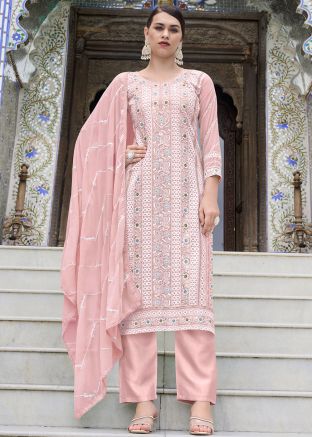Readymade Georgette Embroidered Pant Suit In Pastel Pink