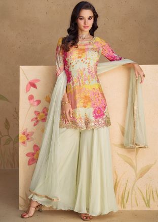 Digital Printed Readymade Chiffon Sharara Suit In Multicolor