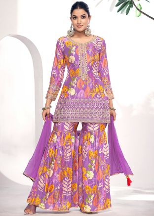 Readymade Digital Printed Chiffon Gharara Suit In Purple