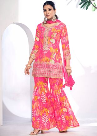 Pink Readymade Digital Printed Gharara Suit In Chiffon