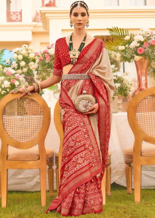 Beige Zari Woven Silk Saree