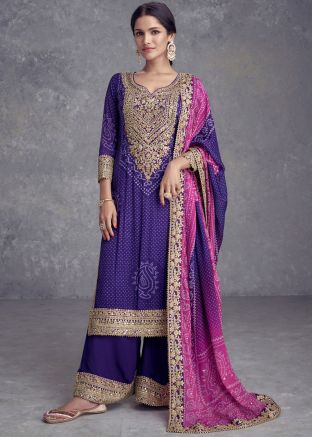 Blue Embroidered  Palazzo Suit Set