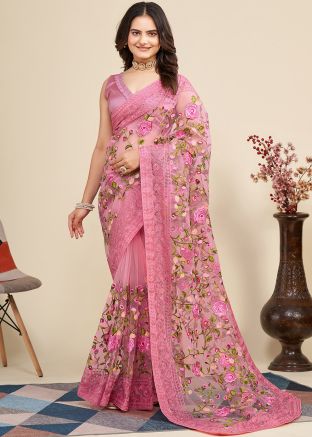 Pink Embroidered Saree In Net