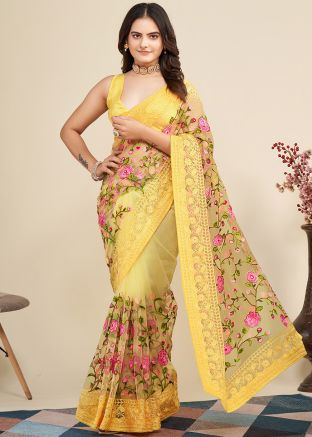 Yellow Embroidered Saree In Net