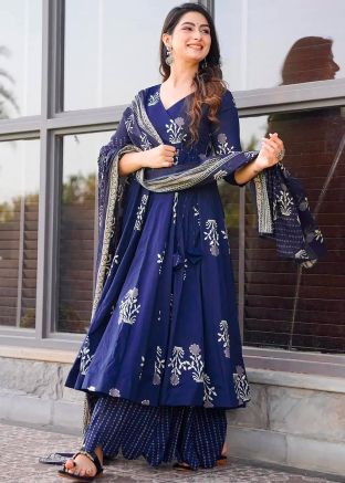 Blue Readymade Printed Anarkali Suit In Muslin Cotton