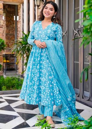 Readymade Printed Muslin Cotton Anarkali Suit In Bright Blue