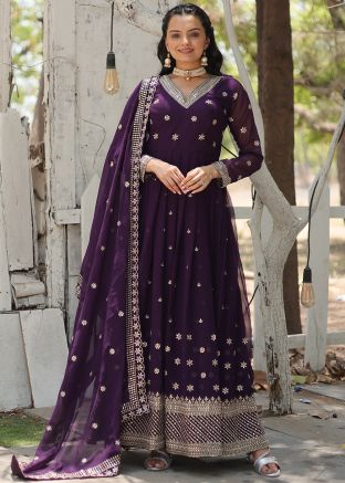 Readymade Purple Embroidered Anarkali Suit