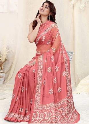 Peach Digital Printed Saree In Chiffon