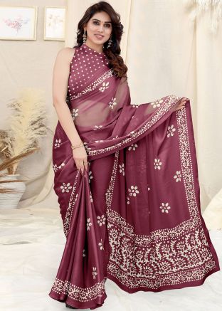 Wine Digital Printed Chiffon Saree