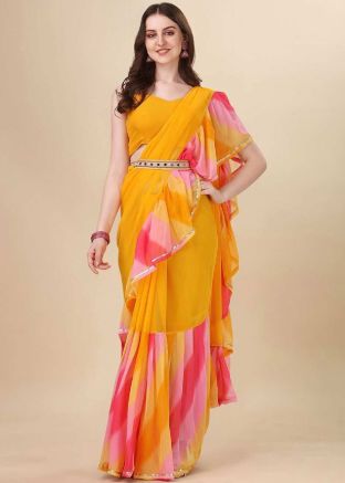 Yellow Ruffled Georgette Printed Saree