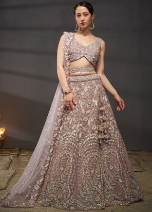 Mauve Pink Embroidered Lehenga Choli In Net